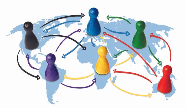 Концепция глобализации, глобальных сетей, путешествий или глобальных связей или перевозок. Цветные фигуры со стрелками
. - Фото, изображение