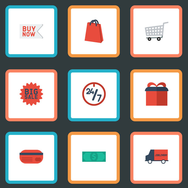 Flat Icons Present, Cash, Trolley And Other Vector Elements. Set Of Store Flat Icons Symbols Also Includes Cash, Day, Now Objects. - Vector, Image