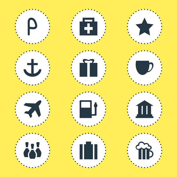 Vector Illustration Of 12 Travel Icons. Editable Pack Of Drugstore, Car Park, University And Other Elements. - ベクター画像