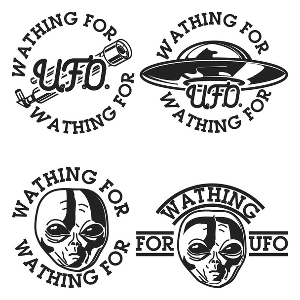 Kleuren vintage Ufo emblemen, labels, badges en ontwerpelementen. Vectorillustratie, EPS-10 - Vector, afbeelding