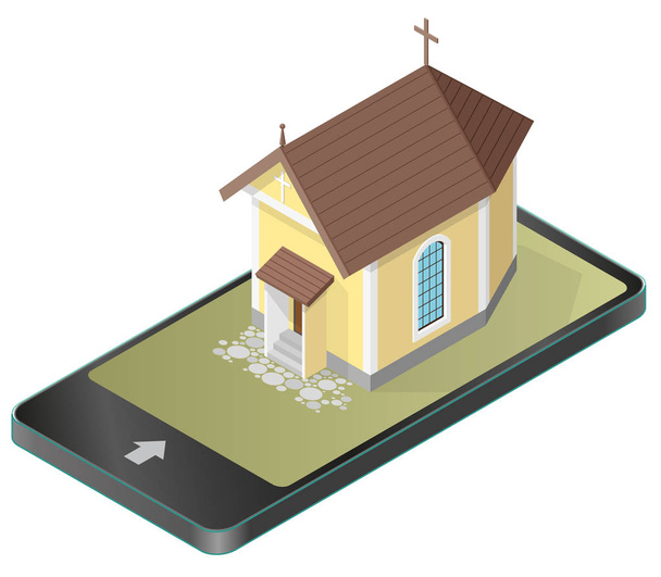Vector christelijke kerkje in mobiele telefoon, in isometrisch perspectief. - Vector, afbeelding