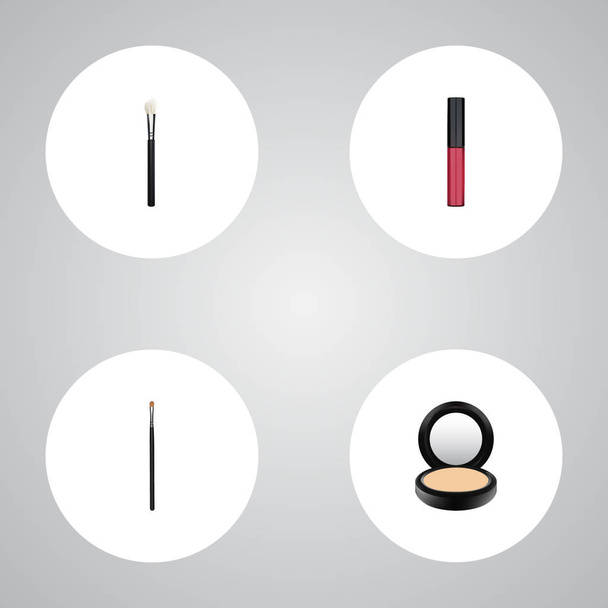 現実的な眉メイク道具、ほお紅、液体の口紅と他のベクトルの要素。化粧品の現実的なシンボルのセットには、化粧、顔、ほお紅オブジェクトも含まれています. - ベクター画像