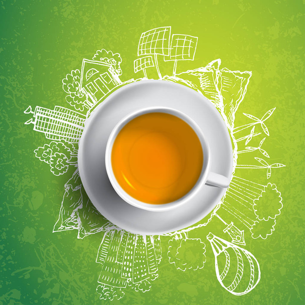 Black tea with circle ecology doodles. Sketched eco elements with cup of green tea, vector illustration - Vektor, obrázek