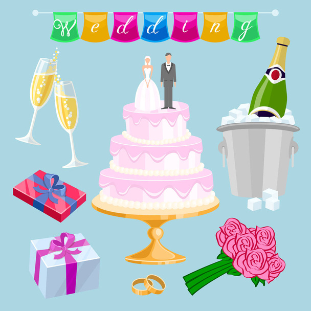 set Wedding cake with couple vector. Newlyweds, glasses, champagne, gifts, roses, flowers, rings, inscription, flags, streaming - Вектор,изображение
