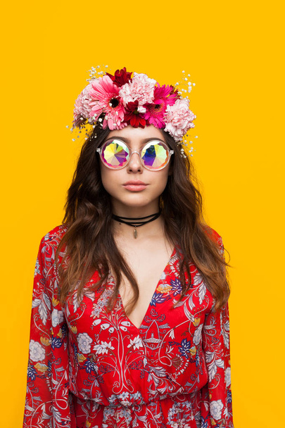 Girl in glasses wearing garland and dress - Foto, imagen