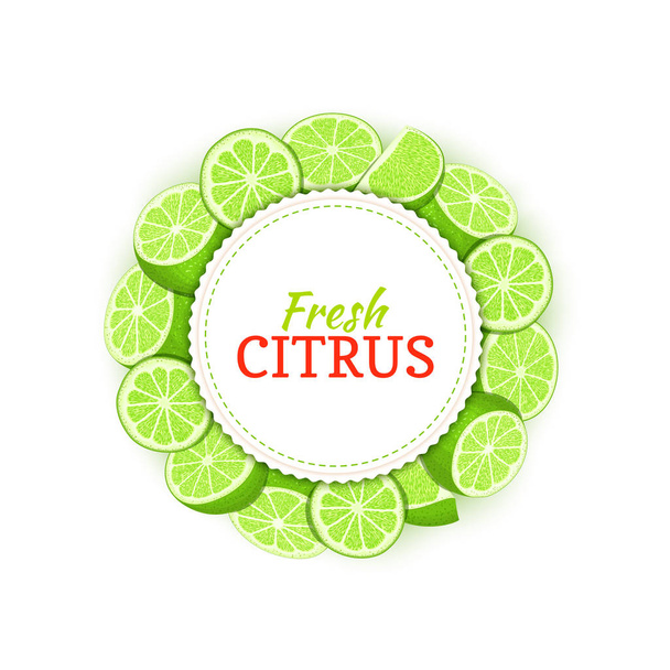 Round colored frame composed of delicious tropical lime fruit. Vector card illustration. Citrus green lemon fruits circle frame for design of food packaging breakfast, detox, cosmetics cream, juice - Vector, Image
