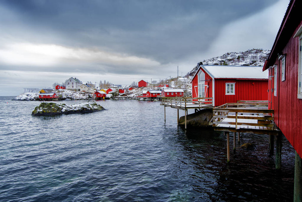 Typical red rorbu fishing huts on Lofoten islands in Norway. - Photo, Image