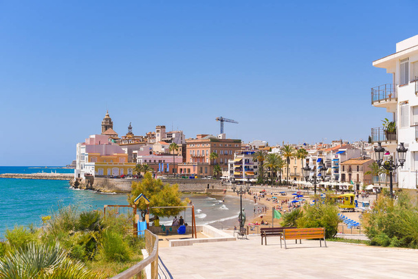 Landscape of the coastline in Sitges, Barcelona, Catalunya, Spain. Copy space for text.  - Zdjęcie, obraz