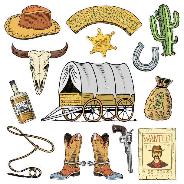Wild west, rodeo show, cowboy vagy a lasszó indiánok. kalap és a pisztoly, kaktusz, sheriff star és a bölény, csomagtartó-val a Patkó és a wanted poszter. kézzel rajzolt vázlat régi vésett vagy és vintage stílusú. - Vektor, kép
