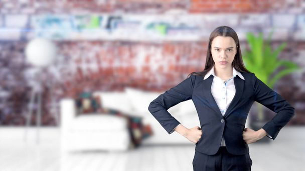 Young Business woman over interior background - 写真・画像