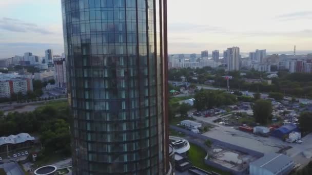 Birds eye view of city, modern buildings, city river. Beautiful city aerial view - Filmagem, Vídeo