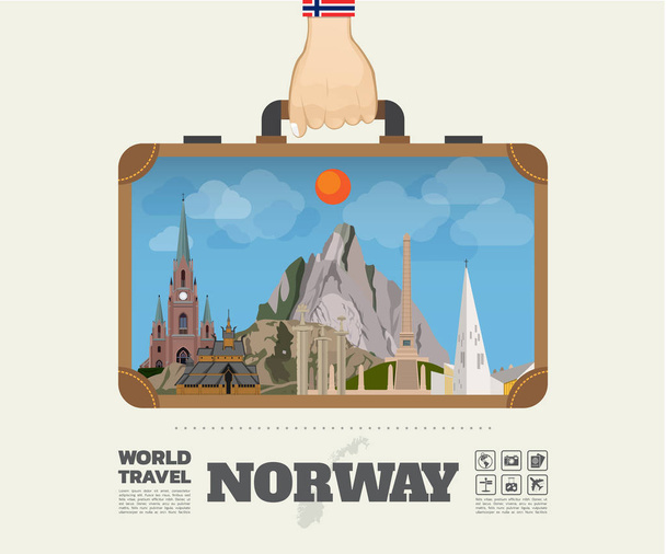 Χέρι που μεταφέρουν Νορβηγία ορόσημο παγκόσμιο ταξίδι και ταξίδι Infograp - Διάνυσμα, εικόνα