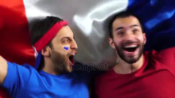 Amigos franceses celebrando con la bandera de Francia
 - Metraje, vídeo