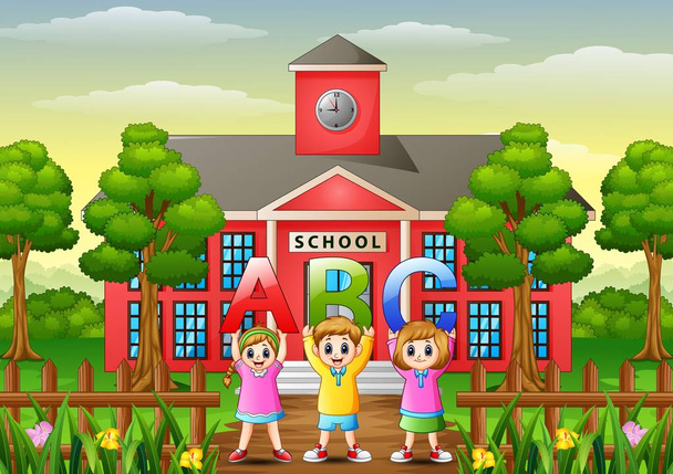 Crianças felizes mostrando alfabetos em frente ao prédio da escola
 - Vetor, Imagem