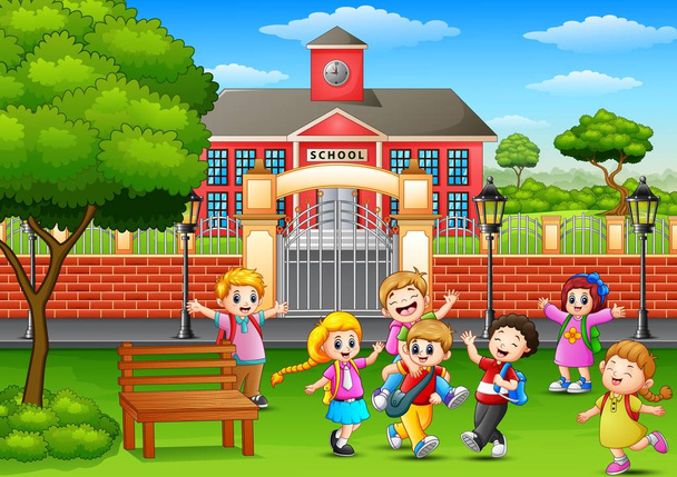 Onnelliset koululaiset leikkivät koulun edessä
 - Vektori, kuva