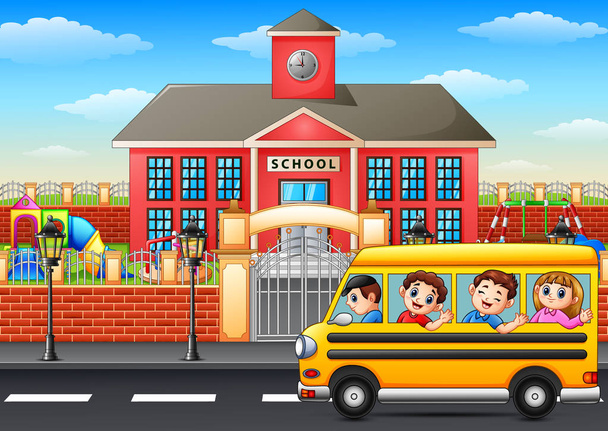 Happy children going to school with school bus - Vector, Image