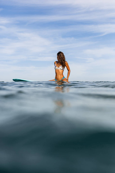 One beautiful sporty girl surfing in the ocean. - Photo, image