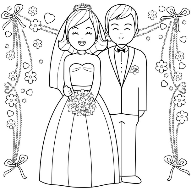 Bride and groom. Black and white coloring book page. - Vetor, Imagem