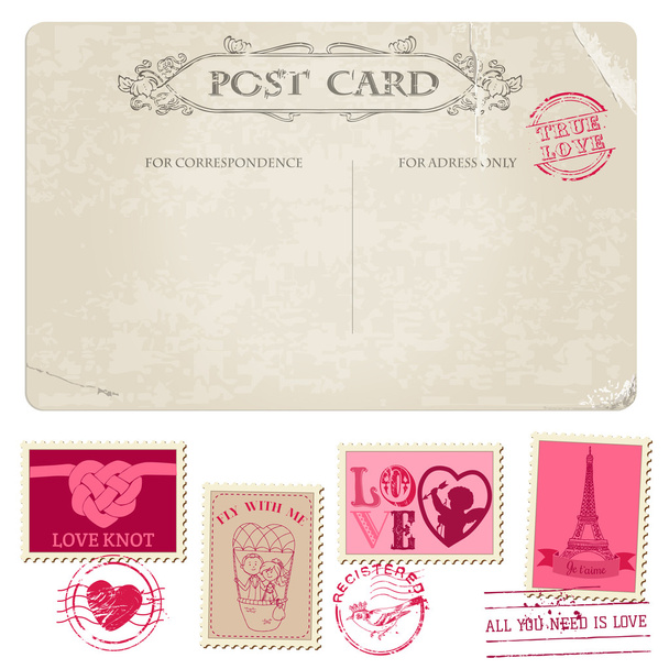Vintage Postcard and Postage Stamps - for wedding design, invita - Vektor, Bild