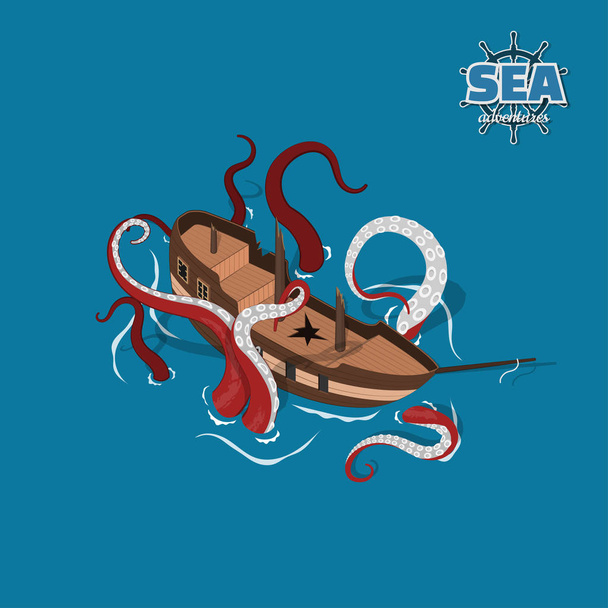 Kaputtes Segelflugzeug mit Kraken auf blauem Hintergrund. Segelboot im isometrischen Stil. 3D-Illustration des antiken Schiffes. Piratenspiel - Vektor, Bild