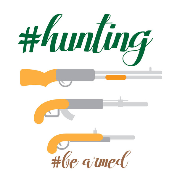 Lapos vektoros illusztráció vadász cucc fegyvert, lőszert, vadászat, hashtag idézetek kifejezéseket, fegyveres - Vektor, kép