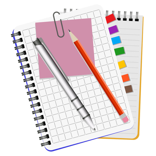Dwa notebooki, pen biały i czerwony ołówek - Wektor, obraz