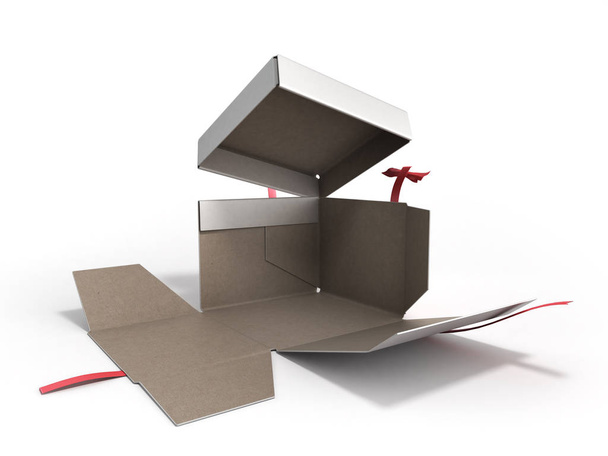 Open White Square Gift Box with Red Ribbon and Bow 3d render - 写真・画像