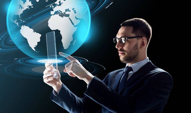 businessman with tablet pc and virtual globe - Zdjęcie, obraz