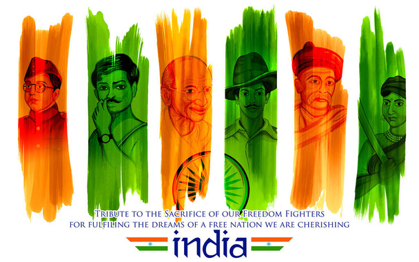 Trikolore Indien Hintergrund mit Nationalheld und Freiheitskämpfer zum Unabhängigkeitstag - Vektor, Bild