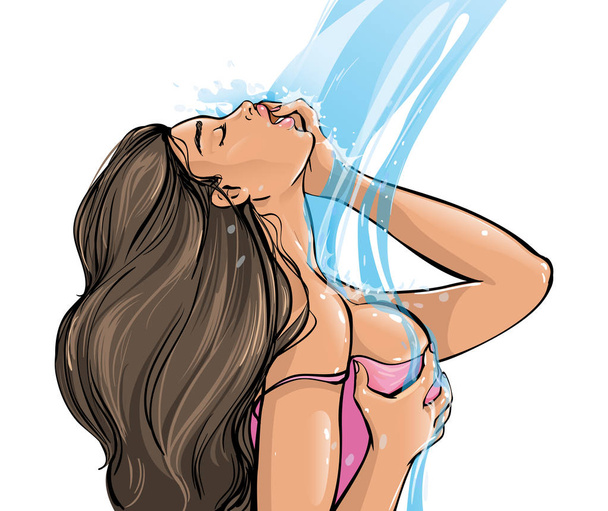 Jovem Sexy mulher apaixonada fica sob o fluxo de água no chuveiro ou uma cachoeira, Excitamente, com desejo acariciando-se e apertando seus seios, lábios separados. Ilustração erótica do vetor
 - Vetor, Imagem