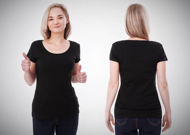 Shirt design and people concept - close up of young woman in blank black tshirt front and rear isolated. Mock up template for design print - Фото, зображення
