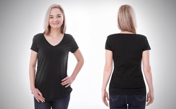 Shirt design and people concept - close up of young woman in blank black tshirt front and rear isolated. Mock up template for design print - Φωτογραφία, εικόνα