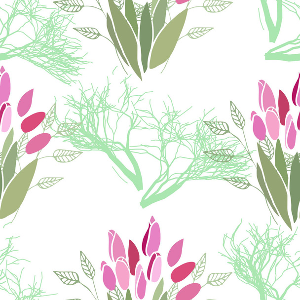 Naadloze patroon met zomerbloemen en bladeren op een witte achtergrond - Vector, afbeelding