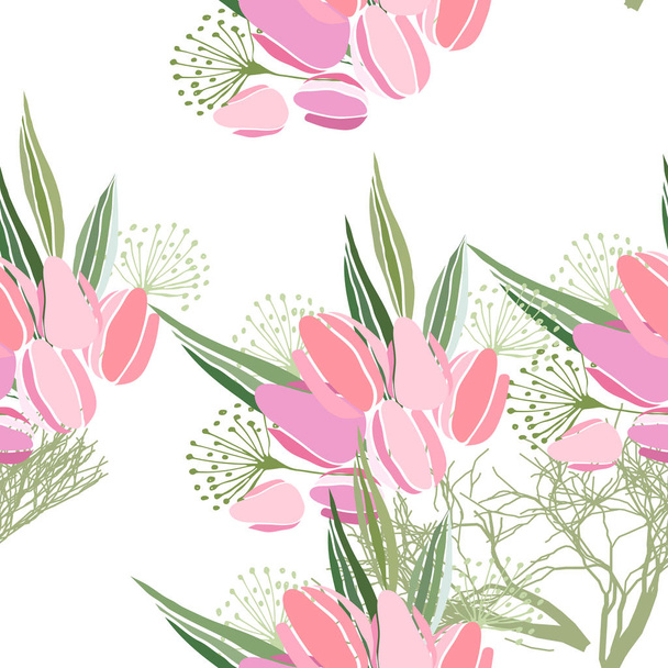 Seamless pattern with summer flowers and leaves on a white background - Vector, afbeelding