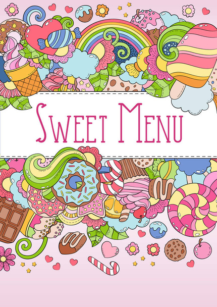 Doodle hand drawn vector illustration, abstract background, pattern, wallpaper, backdrop. Collection of color, bright sweets, desserts, pastries, ice cream, candy elements set. dessert menu template - Vektor, obrázek