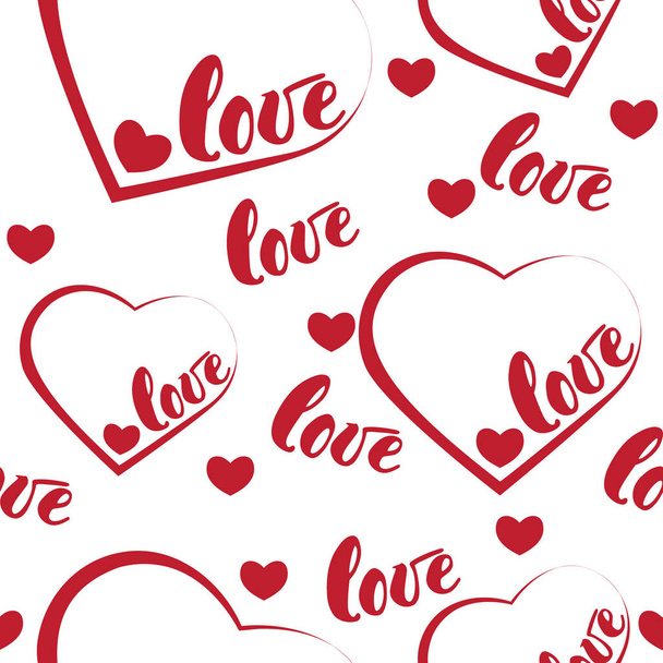 Romantyczne czerwony miłość i serce wzór tła. ilustracja do projektowania wakacje. Wiele słów latający miłość na białym tle - Zdjęcie, obraz