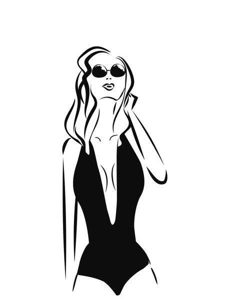 Beautiful girl in sexy swimsuit and glasses looking up at the sky. Hand drawn sketch illustration on white background - Vector, Image