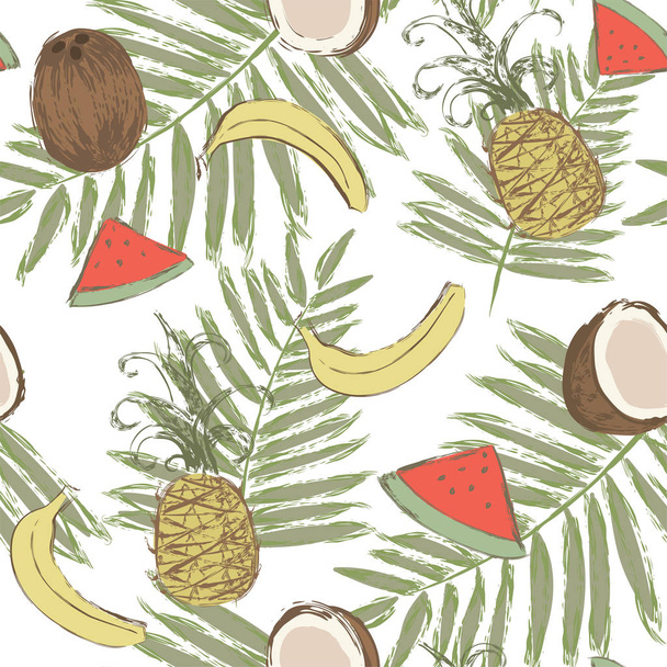 Seamless pattern with bananas, pineapples, watermelons, coconuts and palm leaves. Vector illustration painted with watercolor grunge brushes. - Vector, Image