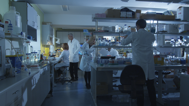 Csoport fehér szőrű kaukázusi tudósok dolgoznak egy modern laboratóriumi. - Felvétel, videó