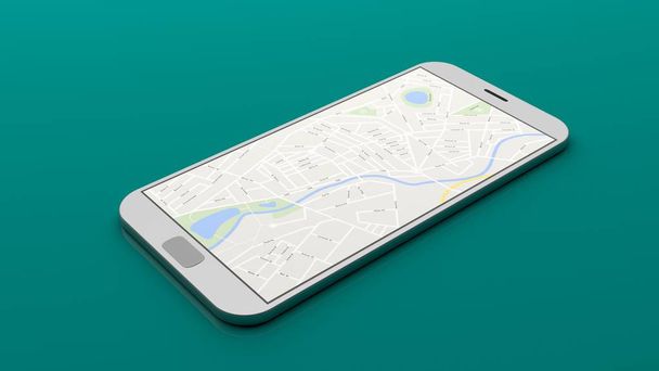 Smartphone - χάρτη στην οθόνη, πράσινο φόντο. 3D απεικόνιση - Φωτογραφία, εικόνα