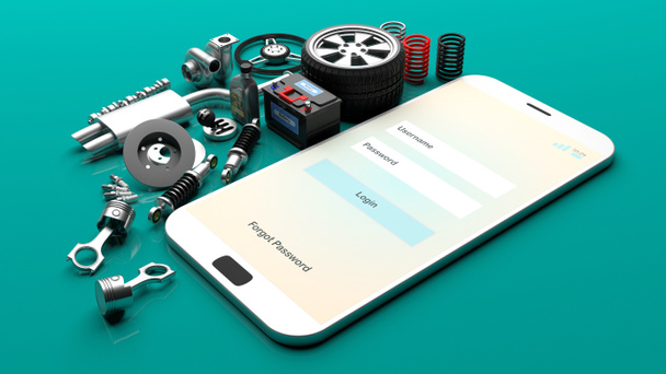 Części samochodowe na ekranie smartfonu. ilustracja 3D - Zdjęcie, obraz