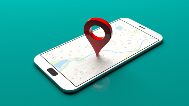 Smartphone - ponteiro do mapa na tela, fundo verde. ilustração 3d
 - Foto, Imagem
