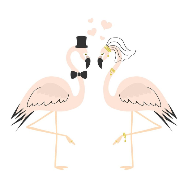schöne rosa Flamingo Paar Hochzeitskarte auf weißem Hintergrund - Vektor, Bild