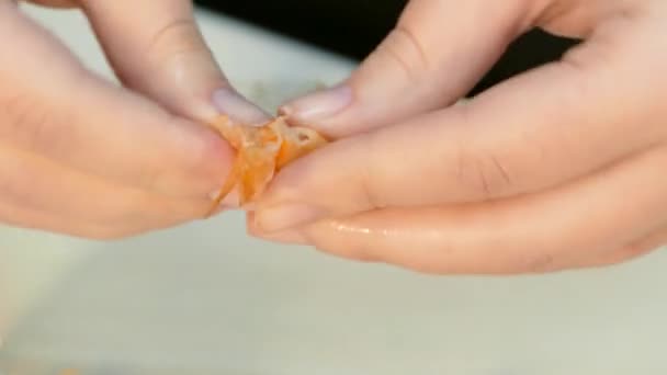Cocinero Peeling Camarones cocidos
 - Imágenes, Vídeo