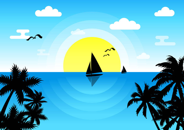 Zonsondergang in de zee met een zeilboot en meeuwen - Vector, afbeelding