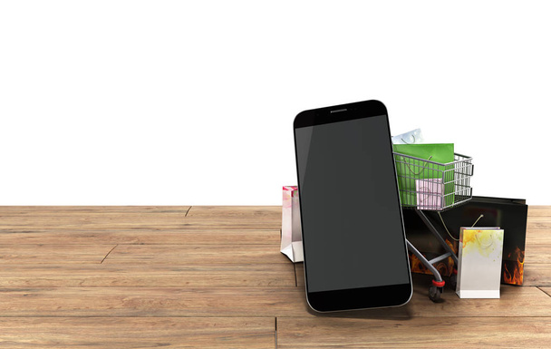 packets next to the phone and a trolley for supermarkets on wood - Foto, imagen