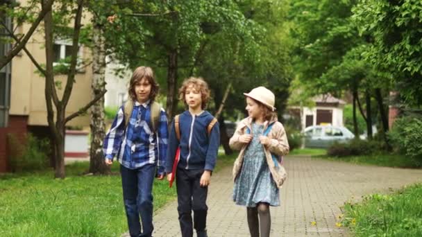 Una hermana y dos hermanos regresan de la escuela. Los niños llevan sus mochilas y se divierten entre sí. Amistad de niños
 - Imágenes, Vídeo