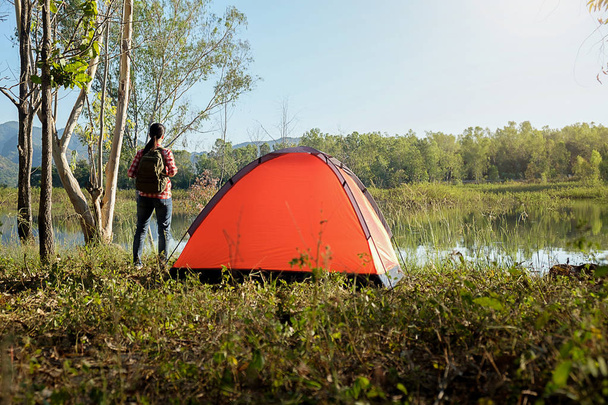 Camping w lesie. Ranek scena z namiot turystyczny w zielony fo - Zdjęcie, obraz