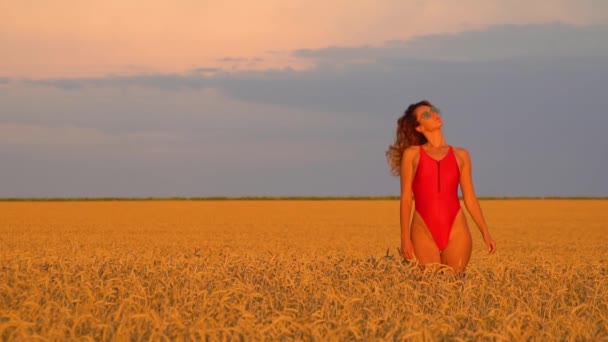 Girl in a field in a red swimsuit. Slowmo 120fps - Footage, Video