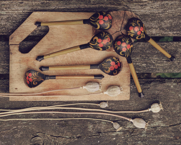 Still life of kitchen wooden utensils - Foto, afbeelding